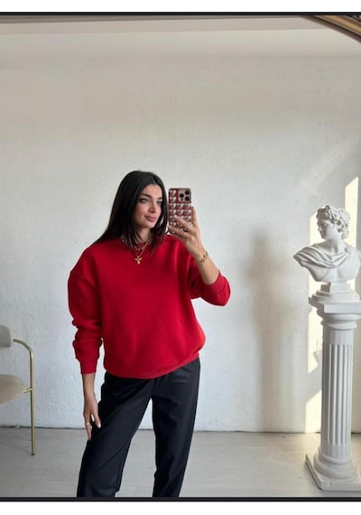 Kozia Outdoors Bisiklet Yaka Oversize Triko Kazak Kırmızı