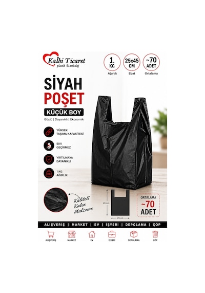Kalbi Ticaret Siyah Poşet Kalın Küçük Boy 25 x 45 CM 1 KG Hışır Atlet Poşet