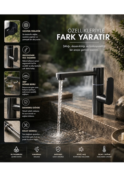 Lüx Premium Antrasit Silva 360 Döner Borulu Lavabo Bataryası Modern Tasarım