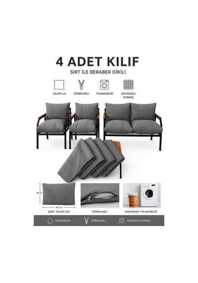 Balkon Bahçe Takımı Minder Kılıfı 4 Lü Set Gri 55x90 Cm Fermuarlı Yıkanabilir