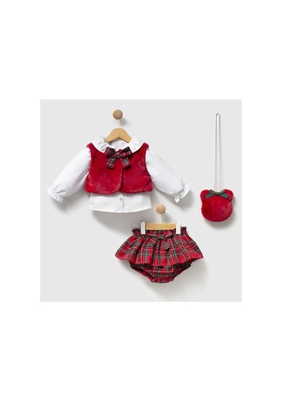 Ministok Nora Peluş Yelekli Çanta Aksesuarlı 3'lü Kız Bebek Takım Kırmızı