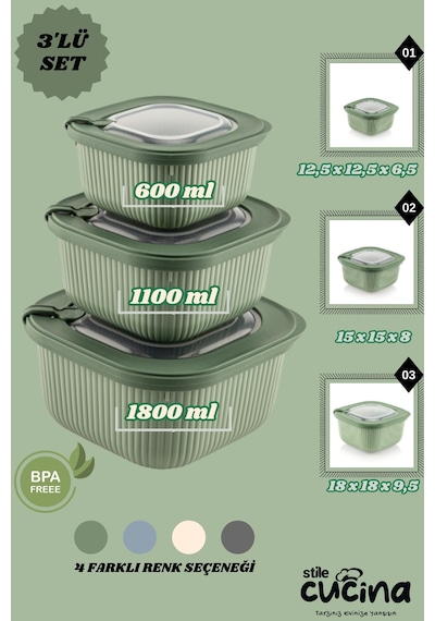 3lü Mikrodalga Ve Difriz Kullanımına Uygun Vakumlu Sızdırmaz Saklama Kabı Seti 600-1100-1800 Ml Yeşil