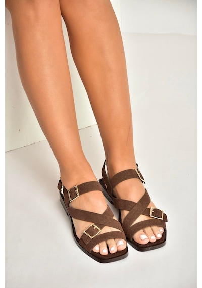 Fox Shoes Y458702602 Kahverengi Süet Toka Detaylı Kadın Sandalet Kahverengi