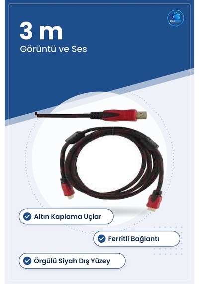 Hdmı Kablo 3 M Kırmızı Siyah Örgülü Görüntü Ve Ses Aktarım Kablos