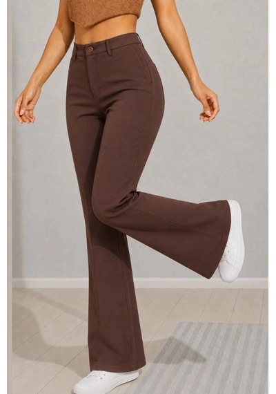 DefyModa Yüksek Bel İspanyol Paça Double Kumaş Pantolon Kahverengi