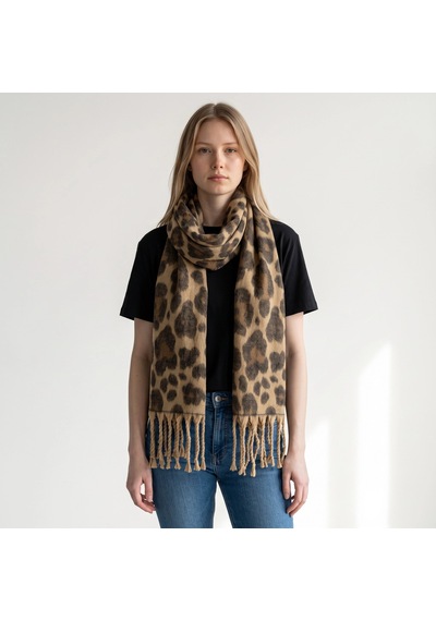 Kadın Leopar Desenli Saçaklı Yumuşak Dokulu Atkı 45x190 Cm Çok Renkli