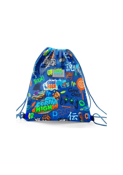 Coral High Kids Saks Grafiti Desenli İpli Büzgülü Sırt Çantası 12651 Saks Mavi