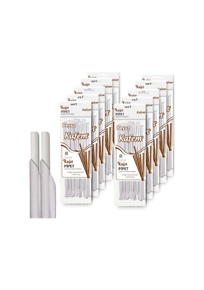 Kafem Sargılı Beyaz Kağıt Pipet 19,5cm 25li X 10 Paket