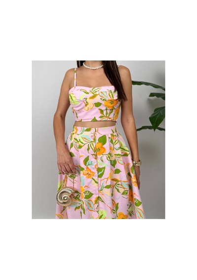 Fleurs Chic Yazlık Cıvıl Cıvıl Çiçek Desenli Büstiyer Etek Takım Pembe