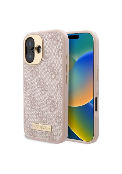 Apple Uyumlu iPhone 16 Plus Kılıf Guess Lisanslı Magsafe Özellik Pu 4g Desenli Metal Klasik Logolu Pembe