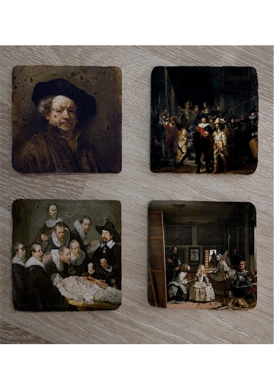 Rembrandt Otoportre Ve Eserleri Doğal Taş Bardak Altlığı 4'lü Set - Natural Stone Coasters - Taş Çok Renkli