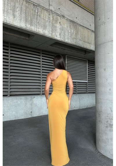 DefyModa Kadın Sandy Kumaş Tek Omuz Balık Kesim Abiye Elbise Sarı
