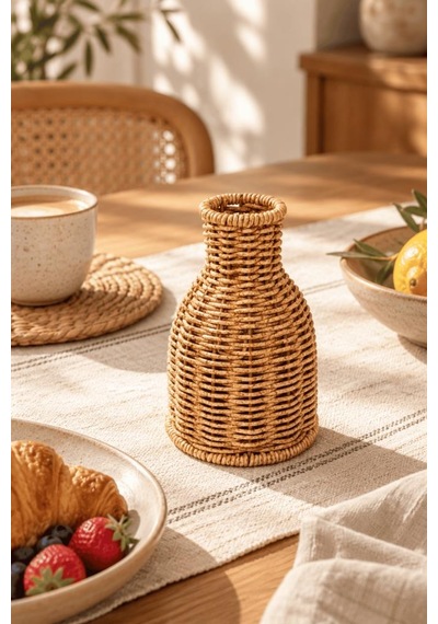 Atbyhome Doğal Hasır Rattan Çiçek Vazosu 16 Cm - Masa Üstü Dekoratif El Örgüsü Küçük Kuru Çiçeklik Vazo Kahverengi