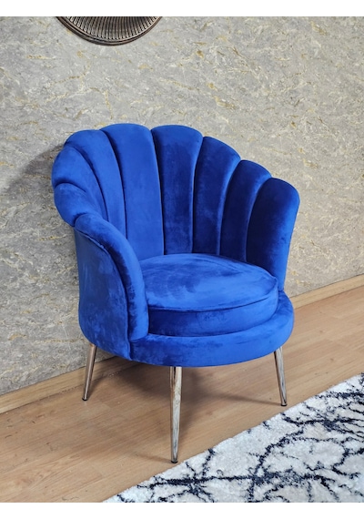Zafir Tekli İstiridye Krom Kaplama Sivriltme Ayak Çay Seti Koltuk Tekli Berjer , Balkon, Salon, Ofis Mavi