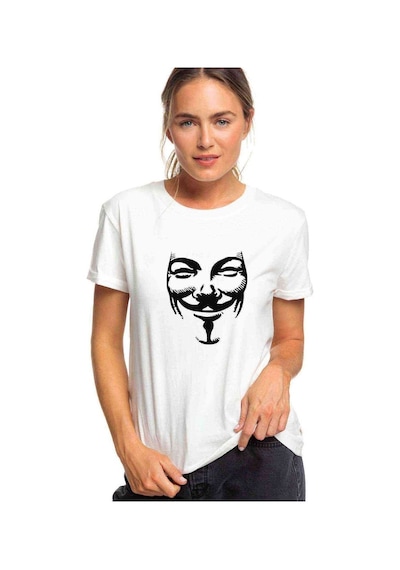 V For Vandetta Mask Baskılı Beyaz Kadın Tshirt
