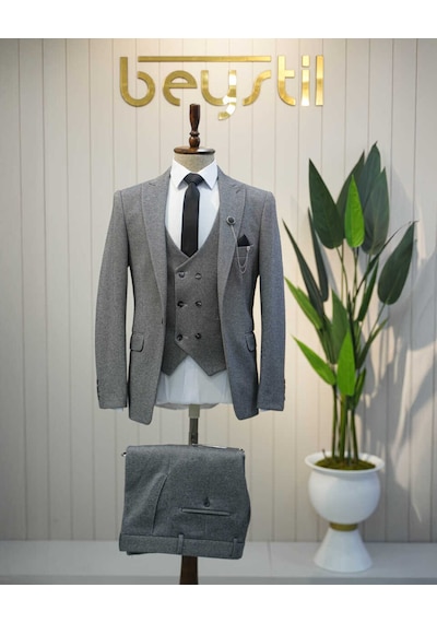Beystil Sivri Yaka Koyu Gri Takım Elbise Elanor- Slim Fit Koyu Gri