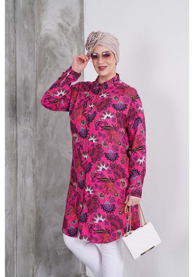 Polologin Butik Fuşya Rengi Çiçek Desenli Gömlek Tunik Fuşya