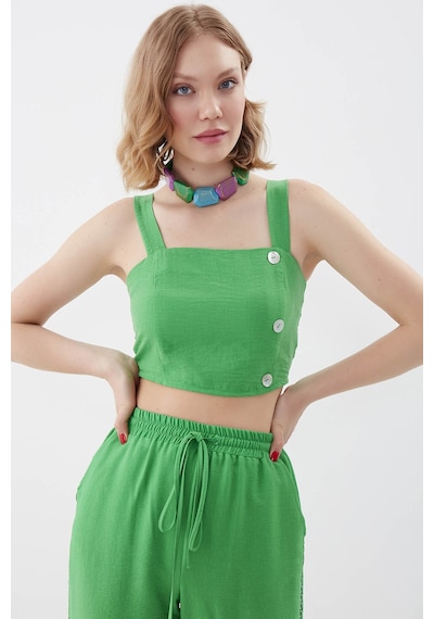 Vitrin Sedef Düğmeli Sırtı Gipeli Crop Bluz YEŞİL