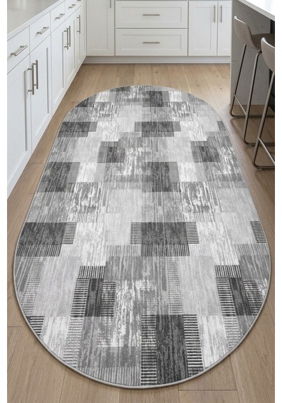 Raschel Carpet Oval Premium Yıkanabilir Leke Tutmaz Modern Gri Mutfak Halısı Özel Seri Kaymaz Taban Halı Çok Renkli