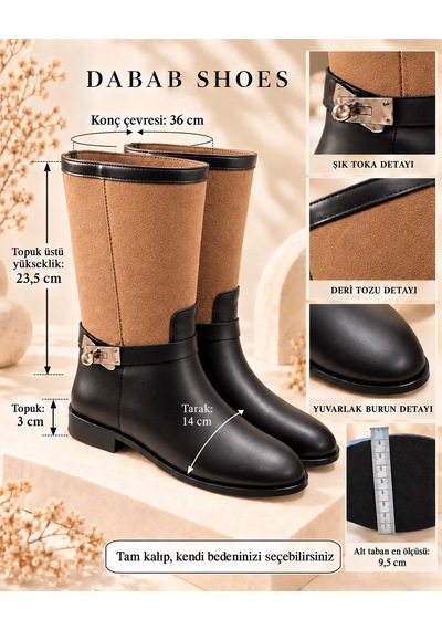 Dabab Shoes Frost Kadın Taba Cilt Ve Deri Tozu Garnili Metal Toka Detaylı Sıcak Astarlı Kaymaz Taban 3 Cm Topuklu Orta Konç Çizme