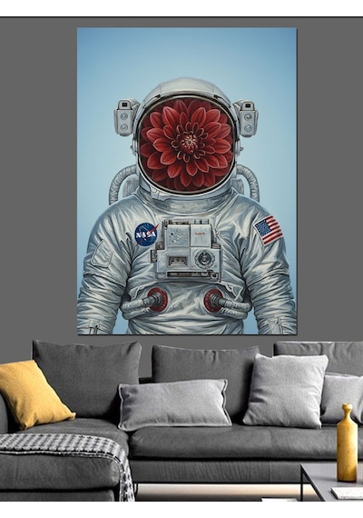 Ahşap Tablo Çiçek Başlı Astronot