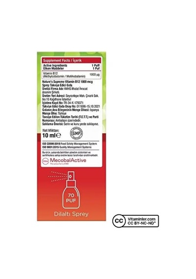 Natures Supreme Vitamin B12 1000 Mcg Methylcobalamin 10 Ml Sprey Aromasız Renkli