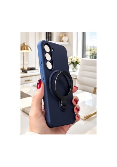 Tecno Spark 40 Pro İle Uyumlu 360 Derece Dönebilen Kalın Metal Magsafe Halka Stantlı İçi Kadife Korumalı Ultra Lüx Premium Silikon Kılıf Lacivert