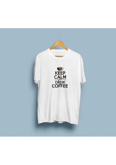 Oversize Keep Calm And Drink Coffee Tasarım Unisex T-shirt Beyaz