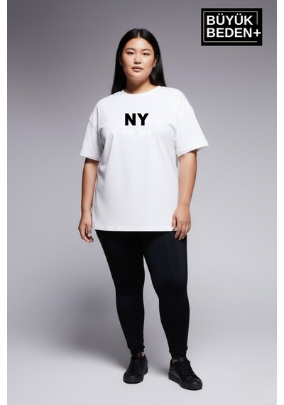Superlife Kadın Büyük Beden Ny New York Baskılı 3xl-6xl Bisiklet Yaka Tshırt Spr26btsk510-15 Beyaz