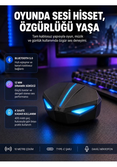 Tam Kablosuz Oyuncu Kulaklığı 5.0 Bluetooth Led Kontrollü Yeni Nesil Diğer
