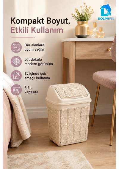 Jute Çöp Kovası 6,5 L Banyo Mutfak Ofis Balkon Araç Atık Kovası