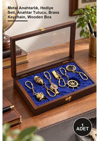 1 Adet Ahşap Kutulu Pirinç Anahtarlık Seti Metal Anahtarlık, Hediye Seti, Anahtar Tutucu, Brass Keychain, Wooden Box