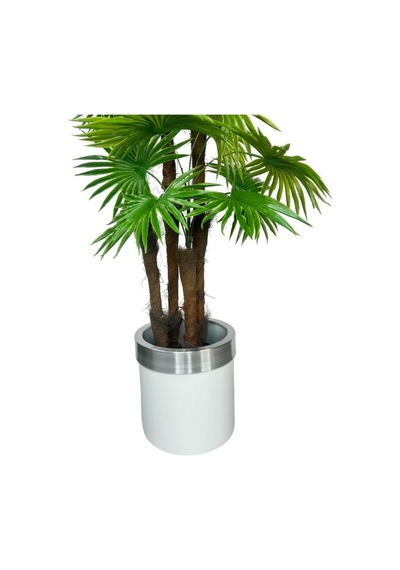 Yapay Ağaç Yelpaze Palmiye 4katlı Fanpalm 32 Yaprak Gümüş Kemerli Beyaz Saksıda 170 65cm