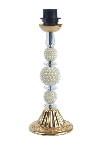 Ekru Kadife Gold İşlemeli Ponponlu Başlık İncili Gold Metal Ayaklı Klasik Model Abajur 50x30cm