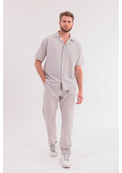 Erkek Siyah Keten Takım Oversize Gömlek & Pantolon 2'li Set Bağcıklı Rahat Yazlık Kombin Taş