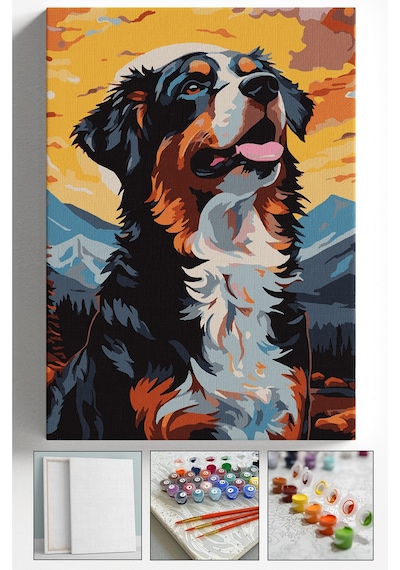 Sayılarla Boyama Çerçeveli Hobi Seti Numaralı Tuval Köpek Fırça Boya Dahil Kasnaklı 40x50 Cm