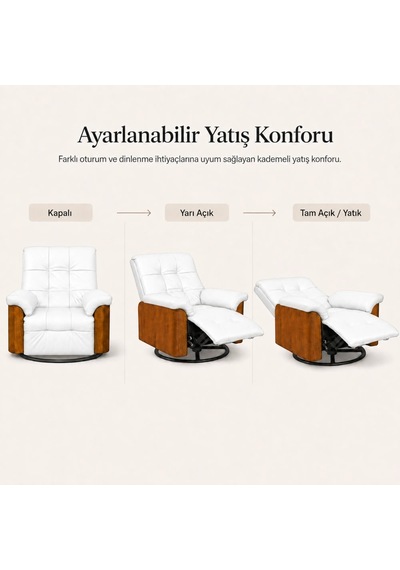 Smarto Relax Berlin Elektrikli Döner Sallanan Tv Koltuğu Kontrol Panelli Ergonomik Kırmızı Deri Baba Koltuğu Beyaz