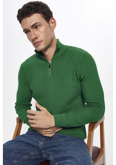 Tudors Erkek Slim Fit Dar Kesim Dik Yaka Fermuarlı Yeşil Kazak-28923 Yeşil