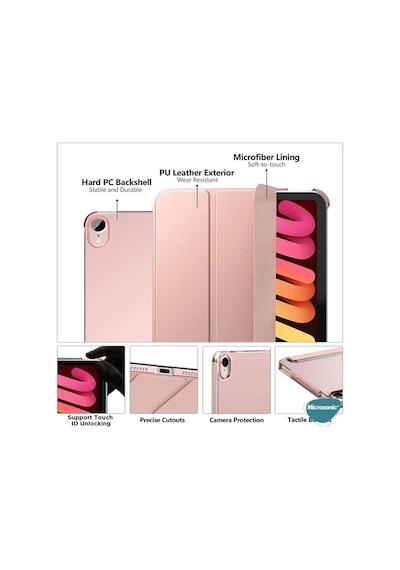Microsonic Apple Uyumlu iPad Mini 6 2021 Smart Case Ve Arka Kılıf Pembe