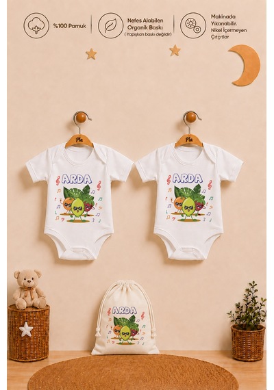 Pia Baby İsme Özel Erkek Bebek Hediye Seti 2'li %100 Pamuk Organik Baskılı Çıtçıtlı Body Zıbın Ve Ham Bez Bebek Kıyafet Kesesi 2010b2k6x Krem