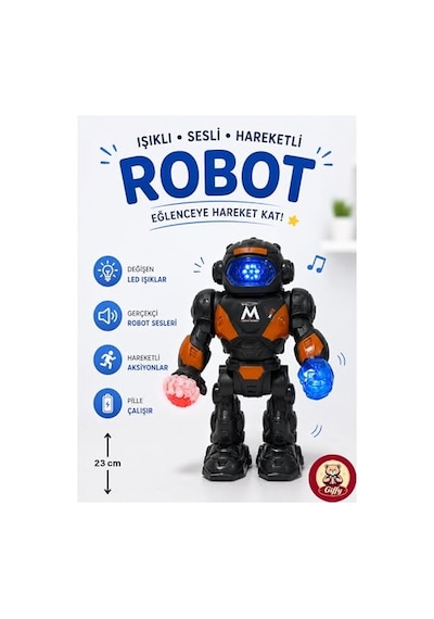 Oyuncak Işıklı Sesli Hareketli Robot Oyuncak 23 Cm Led Efektli Pilli Dans Eden Akıllı Robot Siyah