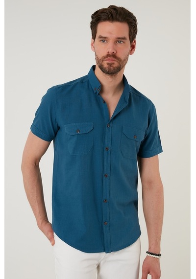 Buratti Düğmeli Yaka Pamuklu Slim Fit Cepli Erkek Gömlek Cf21S111153 Indigo