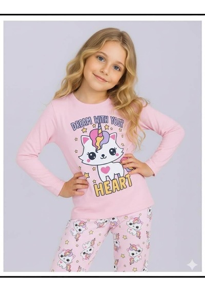 Kız Çocuk Uzun Kollu %100 Pamuklu Pijama Takımı Unicat Pembe