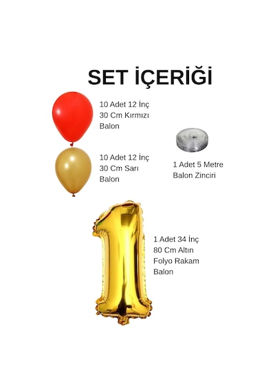 7 Yaş Sarı Kırmızı Taraftar Temalı Doğum Günü Seti Altın Kırmızı Balonlar Altın Folyo Rakam Altın