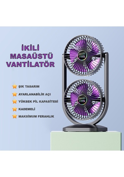 Robeve İkili Fan Vantilatör Şarjlı Masaüstü Vantilatör Fan - Yüksek Pil Kapasitesi - Güçlü Fan Motoru - Ayarlanabilir Başlık - Maksimum Serinlik