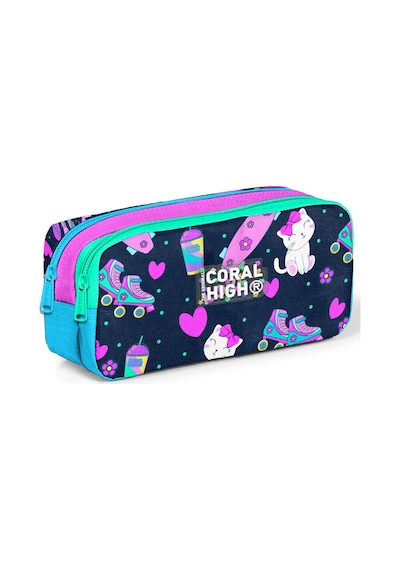 Coral High Kids Lacivert Pembe Kedili Paten Desenli İki Bölmeli Kalem Çantası 12091
