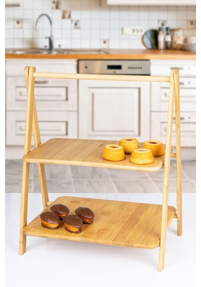 2 Katlı Dikdörtgen Bambu Servis Sunum Seti Büyük Boy, Kuru Pasta, Kurabiye Ve Kek Sunumları İçin Büyük Boy 38cm-30cm-22.5cm Açık Bej