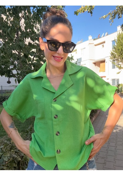 Ali Butik Yeşil Yarasa Kol Keten Gömlek