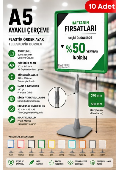 10 Adet - A5 Ayaklı Çerçeve Seti Plastik Ördek Ayak Teleskopik Borulu Fiyat Etiketliği Yönlendirme Levhası Menü Panosu Yeşil