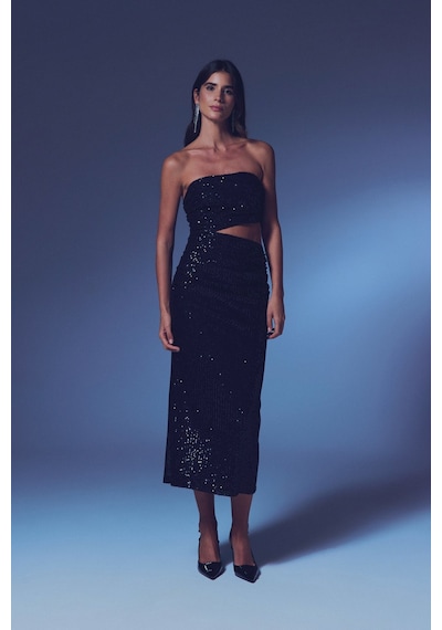 Sateen Bel Dekolteli Payet Elbise - Siyah-135406 Siyah
